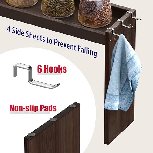 IIIOIIIA Bamboo Over the Stove Spice Rack Organizer Shelf for Kitchen, 31.5" with 6 Hooks, 11.4" Height Extra Storage Countertop, Easy to Assemble, Walnut - color: Bamboo Walnut