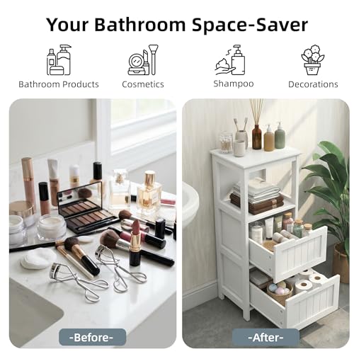 Casaphoria 2-Drawer Bathroom Floor Cabinet, Wooden Storage Organizer with Side Rack, Freestanding Stand Table for Bathroom, Hallway, White - size: 13"L×13"W×35.43"H
