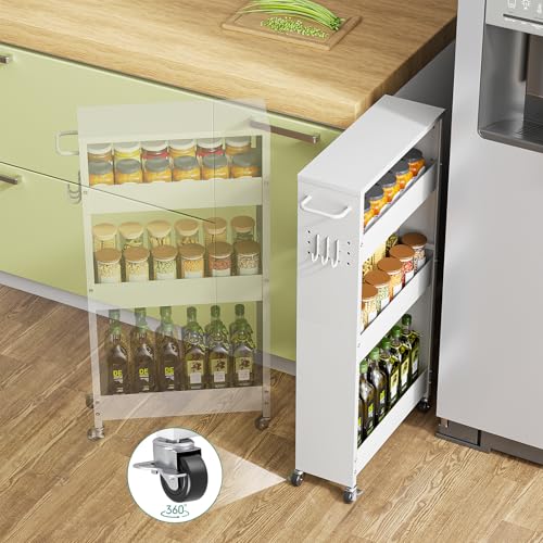XYZLVSI Slim Storage Cart, 4 Tier Rolling Kitchen Cart on Wheels for Small Space, Narrow Laundry Bathroom Organizers Mobile Shelving Unit Metal Utility Cart with Handle, 5.9in Width, White - size: 5.9IN-White