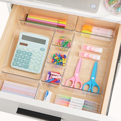 Vtopmart 44 PCS Clear Plastic Drawer Organizers Set, 4-Size Versatile Bathroom and Vanity Organizer Trays, Non-Slip Storage Containers for Makeup, Jewelries, Bedroom，Kitchen Utensils and Office - color: Clear