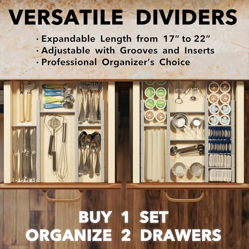 SpaceAid Bamboo Drawer Dividers with Inserts and Labels, Kitchen Adjustable Drawer Organizers, Expandable Organization for Home, Office, Dressers, 7 Dividers with 15 Inserts (17"-22" Gray) - color: GRAY, size: 2.35''H, 17''-22''L, 7 Dividers