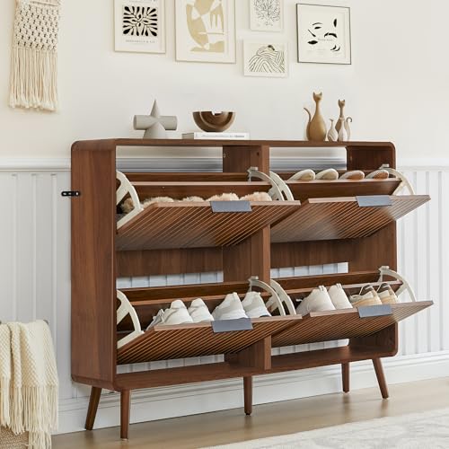 FurSch 47" Fluted Large Shoe Cabinet with 4 Flip Drawers, Slim Freestanding Shoe Cabinet Organizer, Narrow Shoes Storage Rack for Entryway, 5 Sturdy Legs (All Walnut, 9.45" D x 47.24" W x 35.83" H) - color: All Walnut, size: 4 Drawers