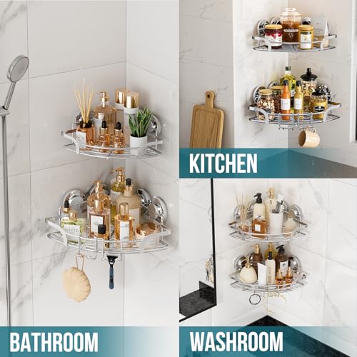 TAILI 2 Pack Powerful Suction Cup Corner Shower Caddy, Stainless Steel Rustproof Shower Shelf with Hook, Drill-Free Wall Mounted Basket, Large Capacity Removable Suction Cup Bathroom Organizer, Silver - style: Corner Caddy, Silver