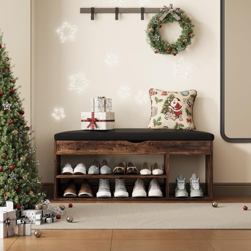 Apicizon 39 Inches Storage Bench with Padded Cushion, Shoe Bench with Storage Space, Upholstered Entryway Bench for Living Room, 2-Tier Shoe Rack Organizer, Brown - color: Brown, size: 39 Inch
