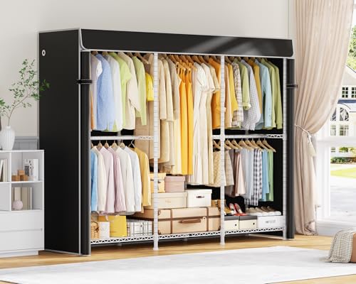 ULIFHOME E14C Pro Heavy Duty Closet Organizer System，Freestanding Clothing Racks for Hanging Clothes，Adjustable Garment Rack 70.1"W × 16.6"D × 76.4"H Hold 960 lbs，White Rack with Black Dustproof Cover - color: White Rack With Black Cover
