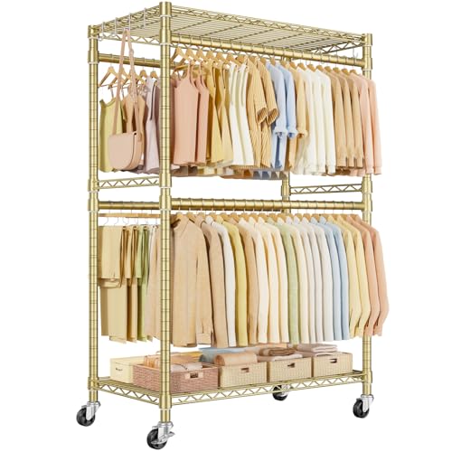 ULIFHOME P4 Plus Rolling Clothes Rack Heavy Duty, Clothing Racks for Hanging Clothes, Free Standing Garment Racks with Wheels, Portable Closet Rack 45'' W × 20.5'' D × 80.5'' H, Max Load 570 Lbs, Gold - color: Gold, size: P4 Plus