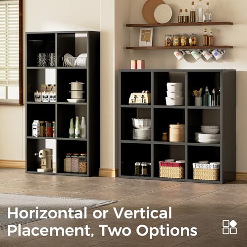 COMHOMA 9 Wood Cube Storage Organizer with Open Back and Removable Back Panels, 11In Black Cube Storage Bookshelf, Cubicle Shelf Bookcase for Home Office Bedroom Living Room, Vertical or Horizontal - color: 9 Cube Black