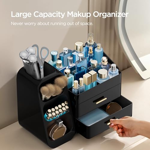 HBlife Cologne Organizer for Men Makeup Organizer with Brush Holder for Vanity, Large Plastic Bathroom Countertop Organizer Skin Care Storage, Fathers Day Gift for Dad Husband, All Black - color: All Black, size: Large