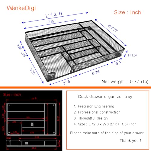 Metal Mesh Desk Drawer Organizer Tray, 6-Compartment Office Drawer Organizer for Pens Supplies, 12.6"x8.27"x1.57" Black - color: 1pc packed black