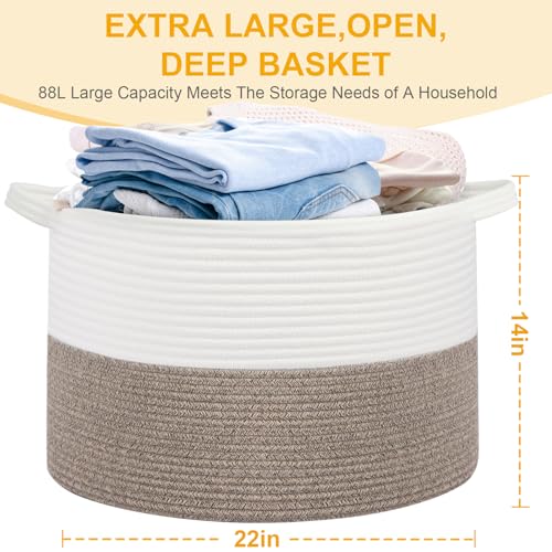 Large Laundry Basket 22''x14''Woven Cotton Rope Baby Blanket Basket for Living Room Girl Laundry Hamper Toy storage Baby basket Nursery Hamper Storage Bin (White+Brown) - color: White//Brown, size: 100L
