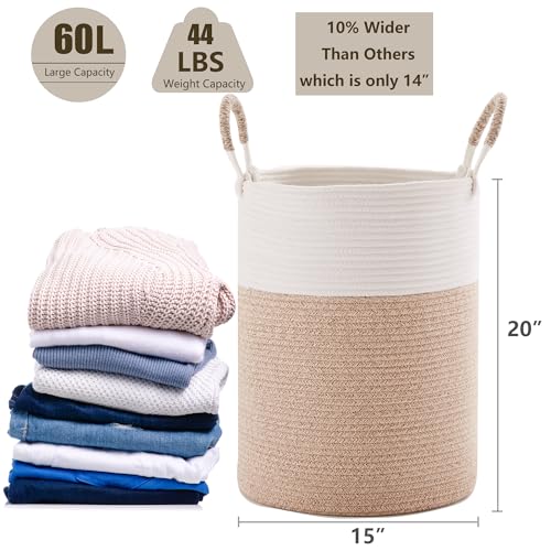 60L Laundry Hamper Basket Tall Woven Cotton Rope Clothes Hamper for Baby Girls Nursery Kids Blanket Basket in Living Room Bathroom Bedroom Brown 15Dx20H Inches Large - color: Brown1, size: Large (60L)