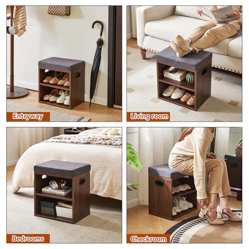 YMYNY Small Shoe Storage Bench with Cushion, 2 Tier Entryway Bench with Shoe Storage, Shoe Rack Bench for Entryway, Living Room, Hallway, Closet, Bedroom, 15.4L*11W*16.54H, Light Walnut HBD028LW - color: Light Walnut