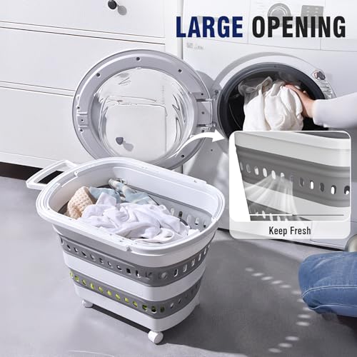 Collapsible Plastic Laundry Basket Hamper with Wheels, 45L Portable Rubber Clothes Basket, Pop Up Storage Container/Organizer with Hanging basket for Washing & Storage, Grey - color: Grey, size: 45L