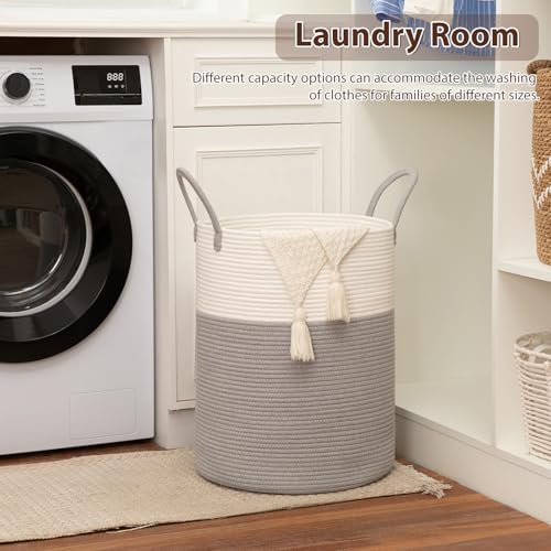 OIAHOMY Large Laundry Basket Hamper - 100L Cotton Rope Woven Basket for Blankets, Toys, Clothes - Tall Decorative Nursery Hamper with Long Handles, Grey/White - color: Grey/White, size: 100L