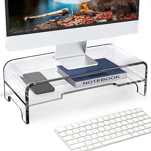 AMT Clear Acrylic Monitor Stand Riser 2 Tier, 5.5 Inches High Clear Computer Desk Organizer Shelf for Multi Media PC Storage Laptop