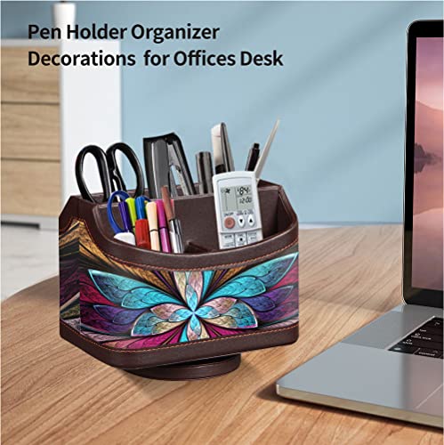 PUSU 360°Rotatable Remote Control Holder, PU Leather TV Remote Holder Caddy for Table, Bright and Colorful Art Supply Organizer Pen Holder, Multi-Functional Desk Organizer Living Room Office Decor - color: 7-color flower