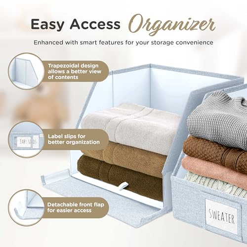 VIVIDECOR Open Front Trapezoid Closet Bins 12x12x10 – Easy Access Shelf Organizer for Folded Clothes, Fabric Storage Baskets for Sweaters, Towels, Linen – Light Blue, 3 Pack - color: Light Blue