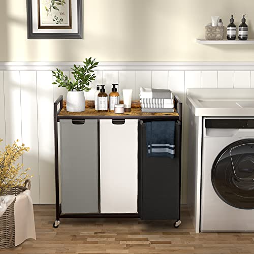 Herture Laundry Hampers with Shelf, Laundry Basket 3 Section, Laundry Sorter with Pull-Out Removable Large 3 Color Bags and Movable Wheels, Metal Frame, 3 x 15.87 Gallons (60L), Rustic Brown PF04XLN - color: Rustic Brown + 3-Color, size: 3 Bags-180 L