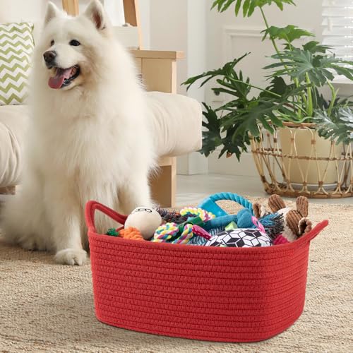 OIAHOMY Woven Basket, Gift Basket Empty with Gift Bags and Ribbons, Rope Baskets for Baby Showers, Storage Baskets with Handles for Nursery, Pet Toy Organizer - Red - color: Red, size: Medium: 13.5L*10W*6H