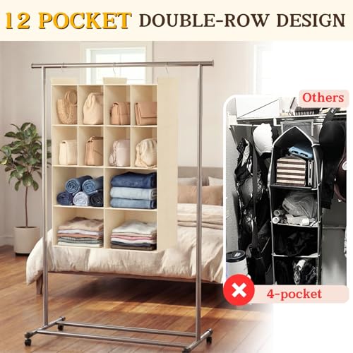 Ofiray-home 4 Tier Hanging Closet Organizer, 12 Compartments Sweater Organizer for Closet with 3 Sturdy Hooks, Closet Organizers and Storage, Wardrobe, Rv, Garment Rack, Beige - color: Beige, size: 4-Tier