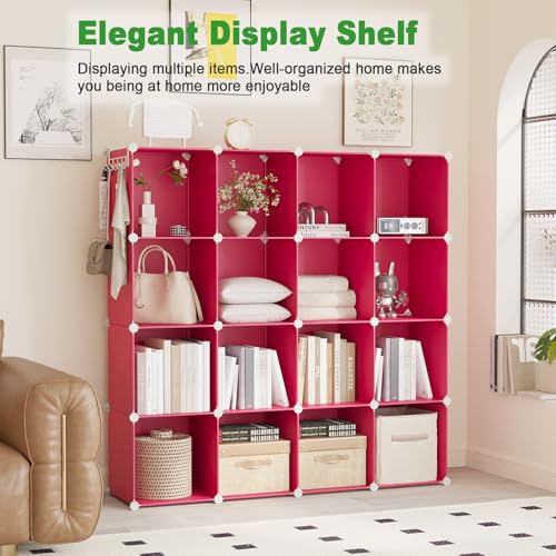C&AHOME Cube Storage Organizer, 16-Cube Shelves Units, Plastic Storage Cubes, DIY Closet Organizer, Modular Closet Storage Shelves Ideal for Home, Bedroom, 48.4" L × 12.4" W × 48.4" H Red UPCS16R - color: Red