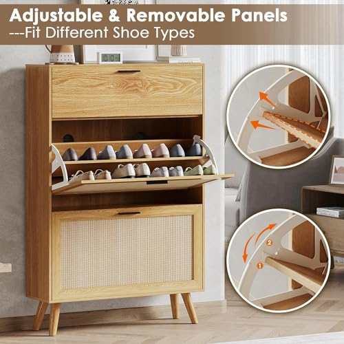MU Natural Rattan Shoe Cabinet, Entryway Shoe Cabinet with 2 Flip Drawers and Hidden Cabinet, Boho Shoe Organizer Cabinet, Wooden Shoe Storage Cabinet for Entrance, Hallyway, Natural - color: Rattan, size: 2 Drawers