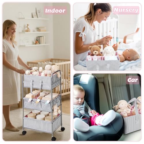 WILLBOND 2 in 1 Baby Diaper Caddy Organizer Cart, 3 Tier Large Stripe Bedside Rolling Cart Metal for Baby Essential with Divider for Newborn Registry Must Have Nursery Bedroom Mother Gift(Pink) - color: Pink