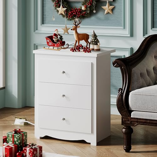 WLIVE White Nightstand with Charging Station, Wood Night Stand with 3 Drawers Storage, Tall Bedside Table End Side Tables with 2 USB Ports and Outlets for Bedroom, Closet, White - color: White