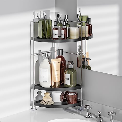 3 Tier Bathroom Corner Organizer Countertop, Vanity Counter Skincare Makeup Storage Shelf, Bathroom Sink Countertop Organizer, Black - color: Black