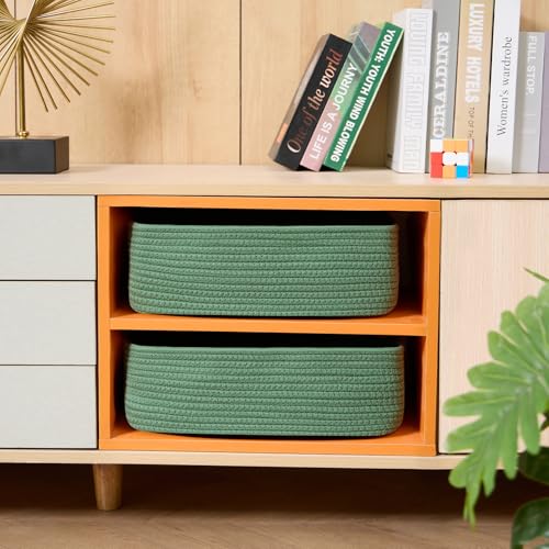 MiniArk Large Shallow Organizing Baskets 15x11x5.1 Inches - Rope Woven Storage Bins for Bathroom, Shelves, Cube Closet, Green 2 Packs - color: Green, size: 2pcs-L15×W11×H5.1"