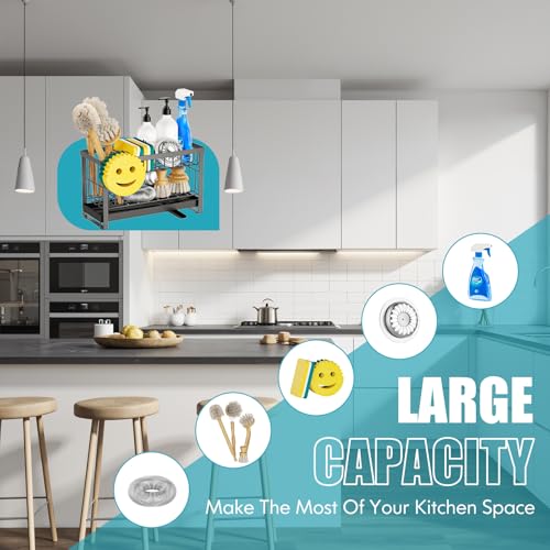 Sponge Holder for Kitchen Sink with Flexible Sink Caddy Smiley Face,2 Tier Kitchen Sink Organizer Countertop and Storage Essentials,Soap Dispenser Organize,Home Decor Accessories-Gray - color: 2 Tier Gray