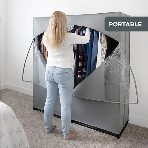 HOLDN’ STORAGE Portable Wardrobe Closet - 65 lb Large Capacity, Internal Heavy Duty Metal Rod, Zipper & Clear Window, Durable Clothes Organizer, Tool-Free Easy Assembly, Dark Gray Canvas Cover - color: Dark Gray, size: Large