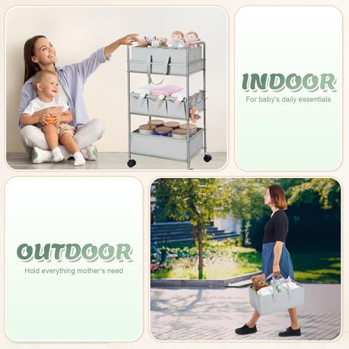 FoldTier 2in1 Colorful Baby Diaper Caddy Organizer Cart 3 Tier Large Capacity Metal Utility Bedside Rolling Cart with Divider for Newborn Nursery Essential Must Have Crib Bedroom Baby Shower(Green) - color: Green