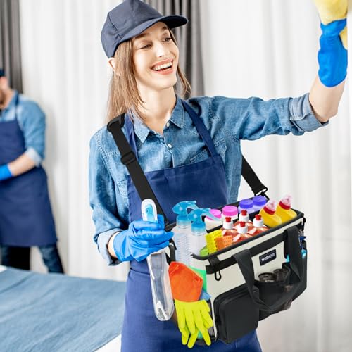 Wearable Cleaning Caddy Bag,Cleaning Supply Tote for Cleaning Supplies, Cleaning Organizer with Adjustable Shoulder and Waist Straps for Cleaners Housekeepers (Black-White, Large) - color: Black-White, size: Large
