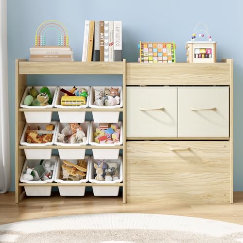 EXPERLAM Toy Storage Organizer for Kids, 9-Bin Toy Organizer with 2-Drawers, Movable Toy Chest and Top Rack, Multifunctional Kids Bookshelf and Toy Storage for Playroom, Bedroom, Nursery, White - style: White Bins