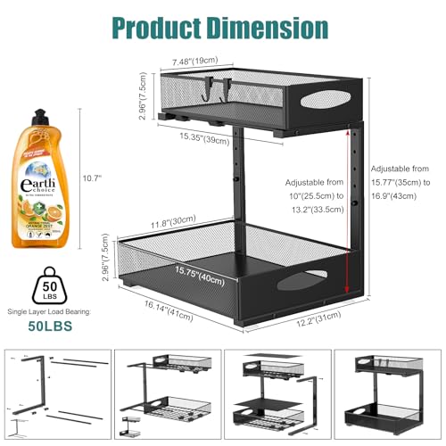 Housolution 1 Pack Large Under Sink Organizer, 2 Tier Metal Pull Out Under Sink Storage with Sliding Mesh Drawers, Height Adjustable Slide Out Under Cabinet Organizer for Kitchen Bathroom, Black - color: Black, size: 1 Pack, Large-12.2in Wide