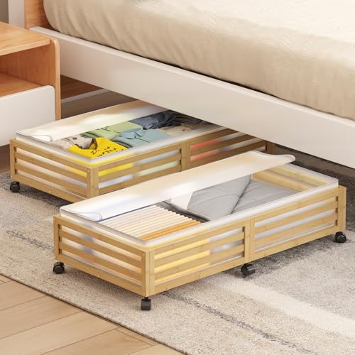Under Bed Storage Containers With Wheels - 2 Pcs Large Bamboo Wood Rolling Underbed Shoe Storage Bins With Dust Bags for Clothes Blankets, Duvet Covers Snacks Toys (Natural) - color: Nature, size: L