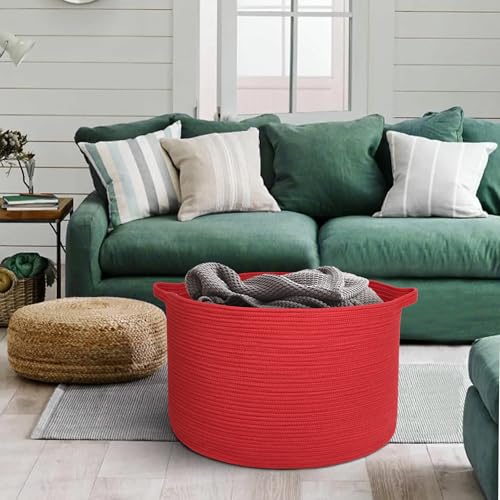MEGASKET Extra Large Red Basket for Organizing, 22" X 22" X 14" Woven Cotton Rope Bins for Blankets, Baby Nursery Wicker Laundry Basket, Kids Dog Toy Storage Box, Big Red Living Room Decor Organizer - color: Red, size: 22"x22"x14"
