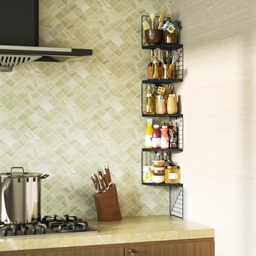 Love-KANKEI Corner Shelf Wall Mount of 5 Tier Rustic Wood Floating Shelves Wall Shelves for Bedroom Living Room Bathroom Kitchen Office and More Black - color: Black