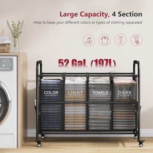 Tajsoon 4 Bag Laundry Sorter Cart, 4 Section Laundry Hamper Sorter with Heavy Duty Lockable Rolling Wheels, Laundry Separator Hamper with Removable Bags for Dirty Clothes Storage, Black - color: Black