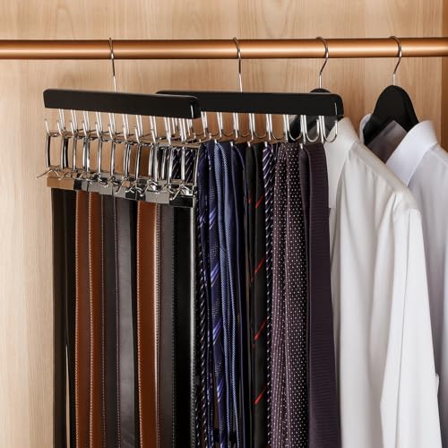 TOPIA HANGER 20 Hooks 2 in 1 Belt Tie Hanger for Closet Max 30 Belts with 30 Ties Capacity, Belt Tie Racks Wooden Hanger for Closet Organizer Storage “U” Fit for Belt and “一” Fit for Tie - CT47B - color: Black
