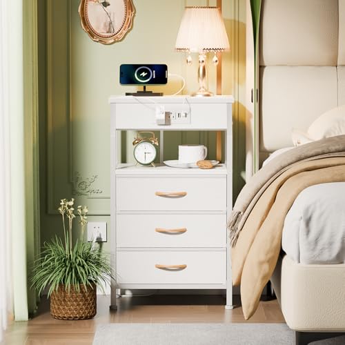 Furnulem Night Stand with Charging Station, 28.3 Inch Tall Bedside Table with PVC Drawers, End Table with USB Ports and Outlets, 3 Fabric Drawer Storage Nightstand for Bedroom, 3 Ways to Use, White - color: White, size: 3 Drawer