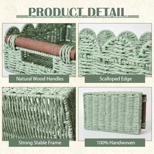 Set of 2 Toilet Paper Storage, Handwoven Small Scalloped Basket with Built-in Handles, Wicker Basket for Home, Living Room(Green) - color: Green