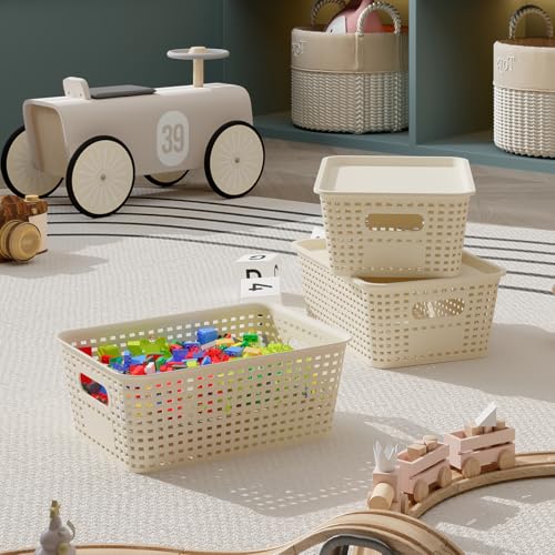 Resze 6 Pack Plastic Storage Baskets with Lids, Breathable Stackable Organizer Bins& Containers for Pantry, Desktops, Cabinet, Closet, Offices Organization Toys, Space Saving, Easy-Carry Handles,White - color: White
