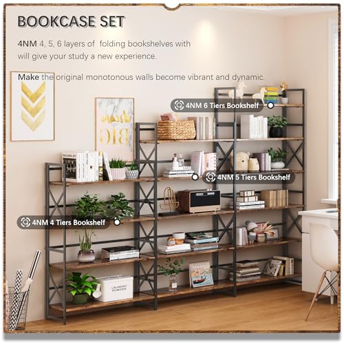 4NM Extra Wide 5 Tiers No Assembly Book Shelves, 51.2" H Folding Bookshelf Bookcase Open Industrial Foldable Shelves for Bedroom, Living Room, Home Office - Rustic Brown Black - color: Rustic Brown Black, size: Wide XX 5-Tier