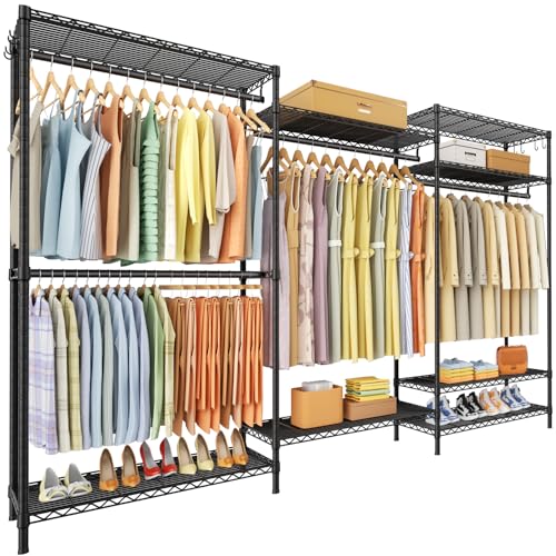Ulif E13 Max Heavy Duty Clothes Rack（With 4 Hanger Rods & 8 Shelves） Freestanding Clothing Racks for Hanging Clothes，Adjustable Closet，Metal Garment Rack 86" W x16 D x77 H，Max Load 1100LBS，Black - color: Black, size: E13 Max