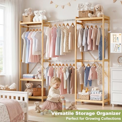 Homykic Bamboo Closet System, 71"-91" Expandable Clothing Rack with 5 Hanger Rods & Shelves, 6.6ft Tall Garment Rack Organizer for Walk-in Closet Bedroom, Max Load 850LBS, Easy to Assemble - color: Natural, size: 91"Wx14.2"Dx79"H