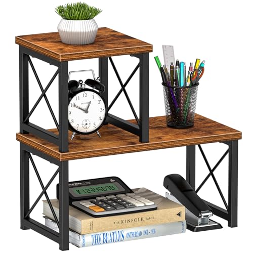 Honiter Desk Shelf Organizer, Desk Shelf for Top of Desk, 2 Tier Adjustable Small Bookshelf Organizer, Freestanding Stackable Desktop Stand, Kitchen Counter Display Rack, Rustic Brown - color: Brown, size: 7.6in-1 Pack