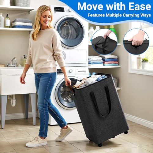 Laundry Basket with 5 Wheels, Tall Dirty Laundry Hamper, Rolling Laundry Basket with Lid, Collapsible Clothes Hamper for Bathroom Bedroom Dorm Laundry Room, Dark Gray, 75L - color: Deep Gray, size: 75L