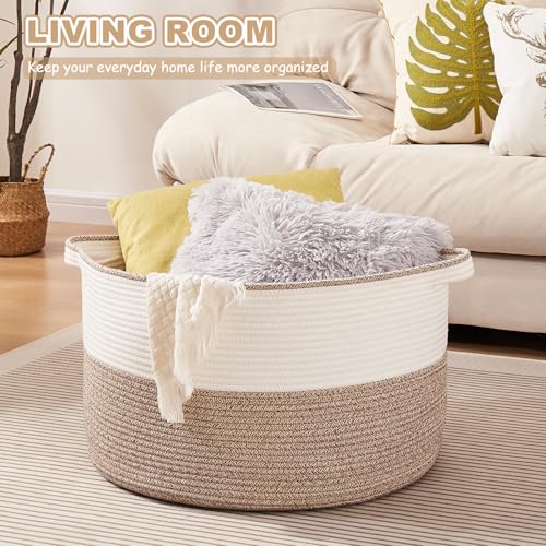 OIASKET Large Blanket Basket with Handles, 22.8" x 22.8" x 13" Woven Storage Basket for Living Room, Cotton Rope Baby Toy Storage for Clothes, Pillows, Towels-Brown & White - color: Brown & White, size: 90L